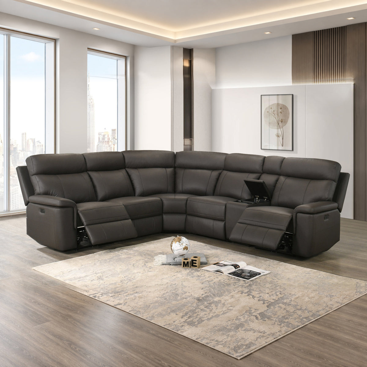 Chocolate Brown Genuine Leather/Match 6-Piece Modular Power Reclining Sectional Sofa with Wireless Charging – product image 1
