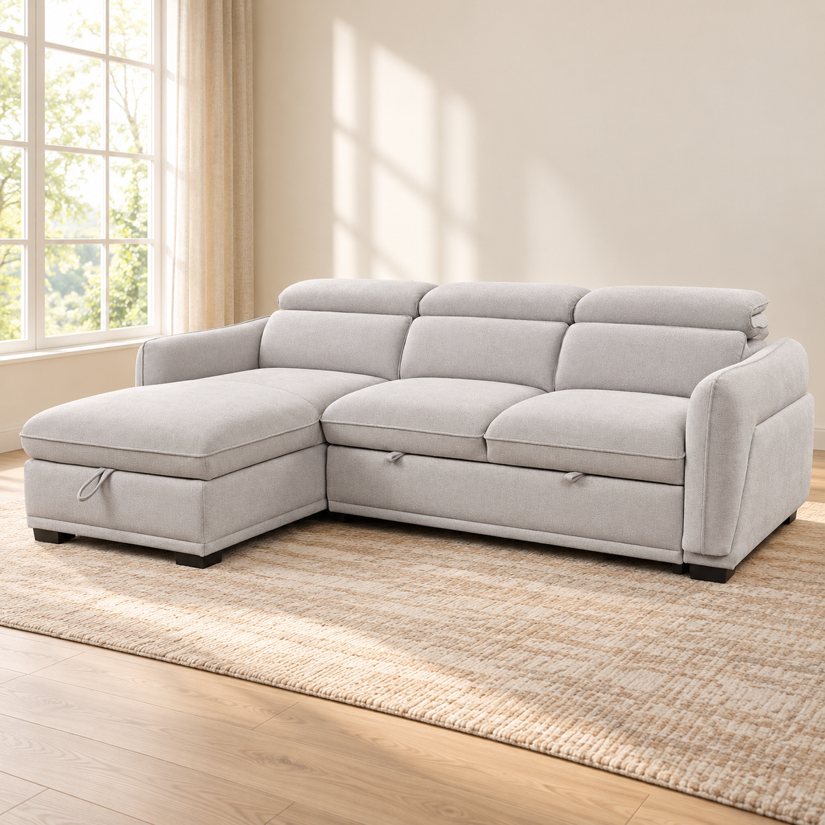 Light Grey Fabric Sleeper Sectional Sofa Bed with Storage & Adjustable Headrests — IF-9005 lifestyle sofa, Left-Hand Facing