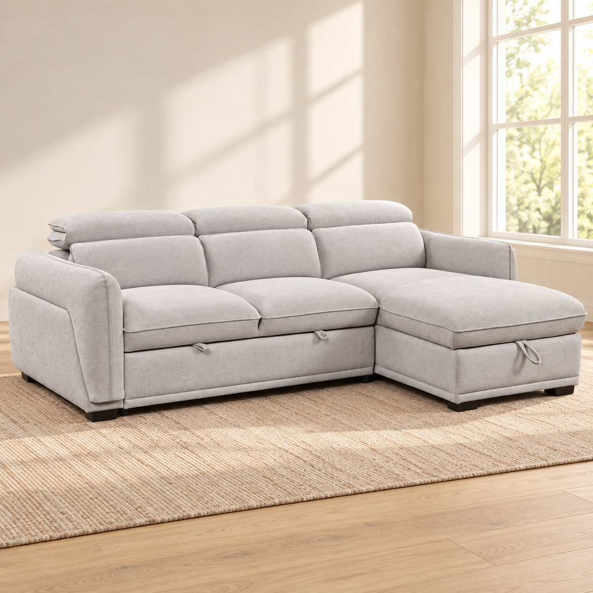 Light Grey Fabric Sleeper Sectional Sofa Bed with Storage & Adjustable Headrests — IF-9006 lifestyle sofa, Right-Hand Facing