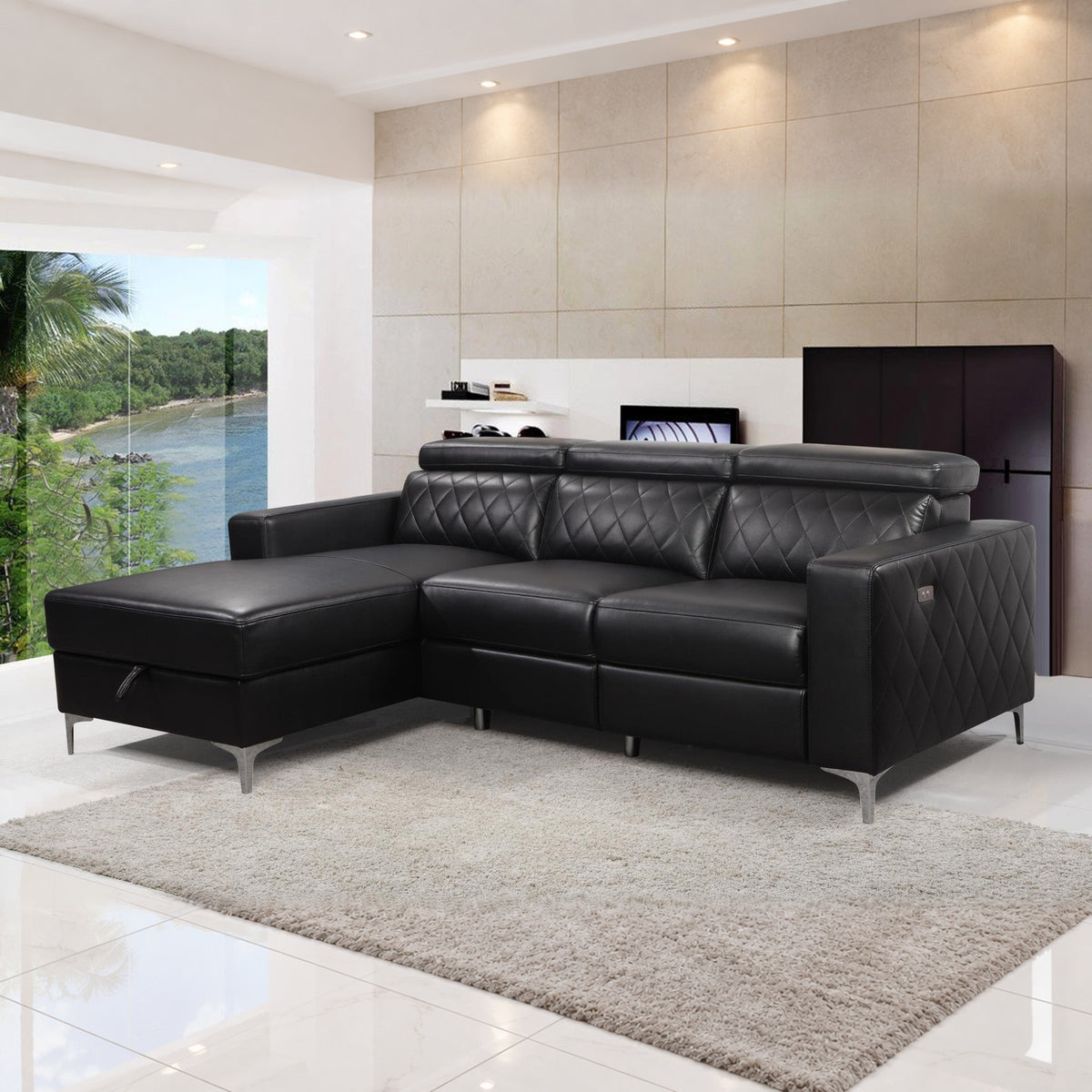 Black Leather-Gel Power Reclining Sectional Sofa with Storage & Adjustable Headrests – product image 1