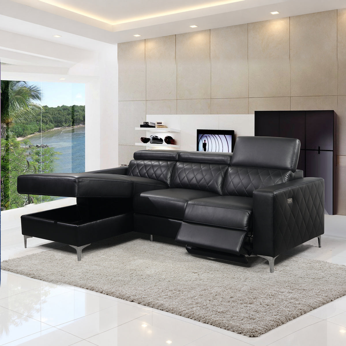 Black Leather-Gel Power Reclining Sectional Sofa with Storage & Adjustable Headrests – product image 2