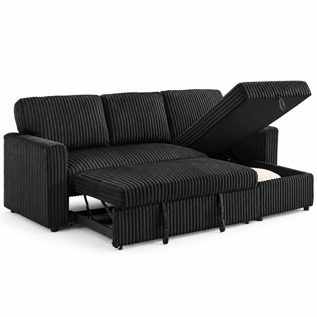 Black or Grey Corduroy Reversible Sleeper Sectional Sofa Bed with Storage Chaise — IF-9024 IFDC feature or fabric detail