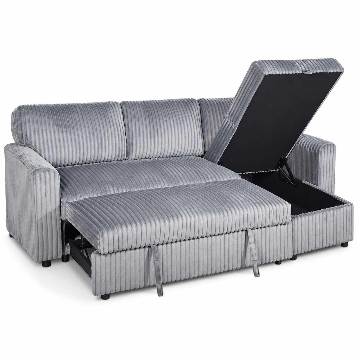 Black or Grey Corduroy Reversible Sleeper Sectional Sofa Bed with Storage Chaise — IF-9025 IFDC feature or fabric detail