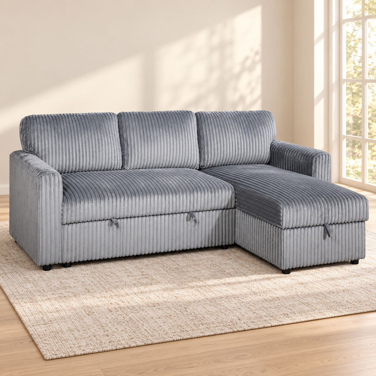 Black or Grey Corduroy Reversible Sleeper Sectional Sofa Bed with Storage Chaise — IF-9025 lifestyle sofa, Grey