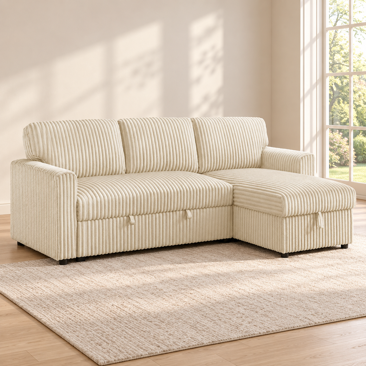 Black or Grey Corduroy Reversible Sleeper Sectional Sofa Bed with Storage Chaise — IF-9026 lifestyle sofa, Cream Corduroy