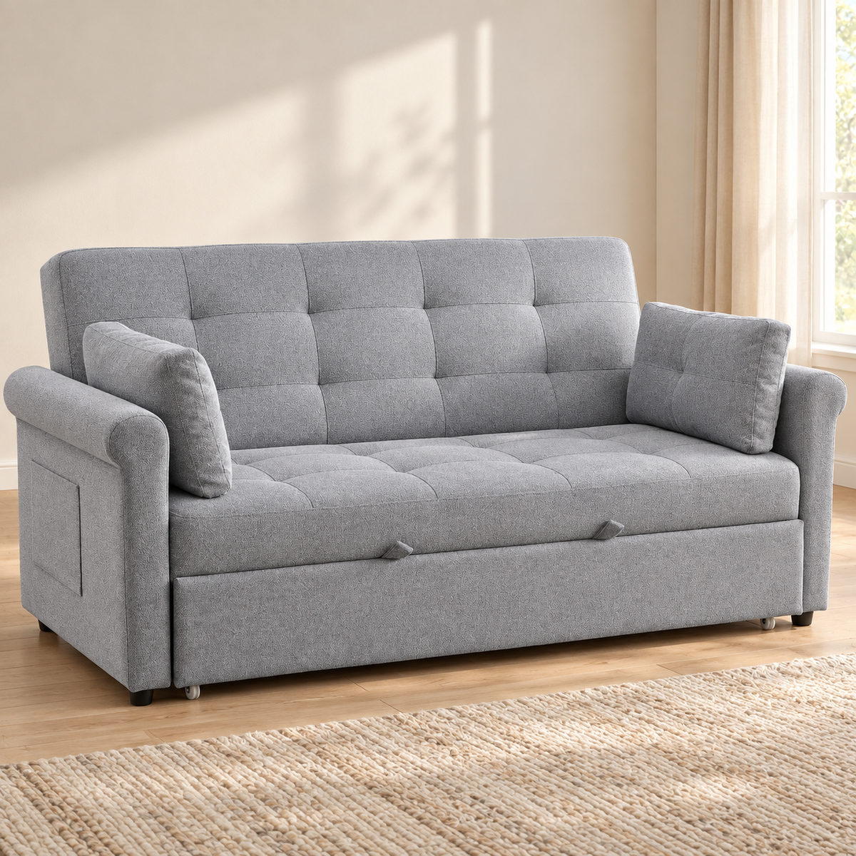 Modern Tufted Sofa Bed with USB-C Charging & Side Storage – 64 or 70 Inch — IF-9046 lifestyle sofa, 70 Inch