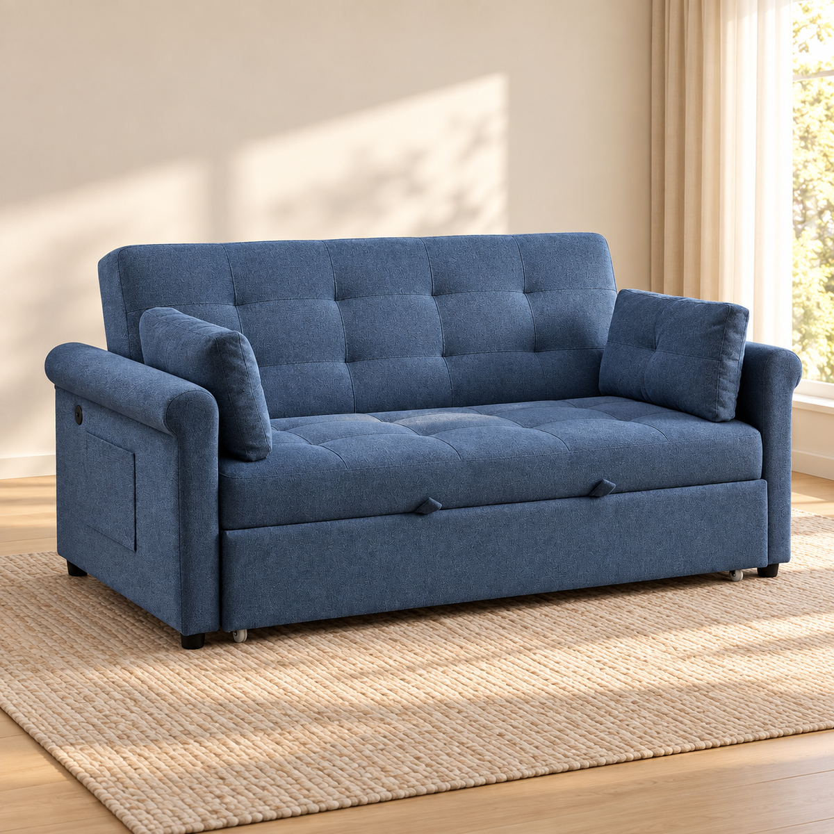 Modern Tufted Sofa Bed with USB-C Charging & Side Storage – 64 or 70 Inch — IF-9048 lifestyle sofa, 70 Inch