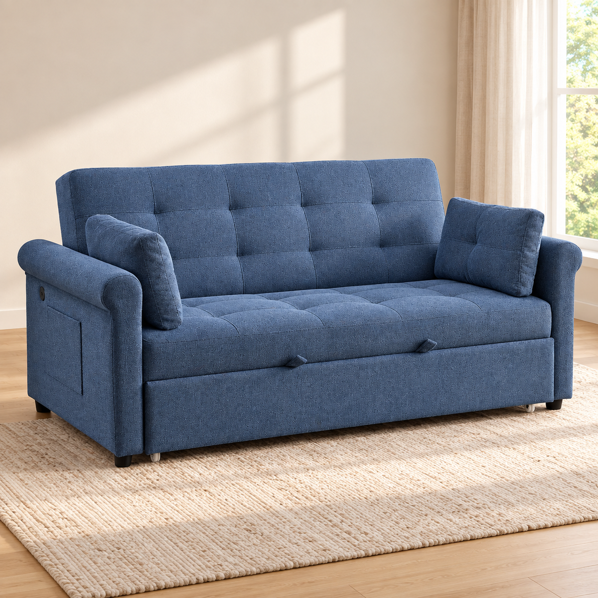 Slate Blue Tufted Sofa Bed with USB-C Charging & Side Storage – 64 or 70 Inch — IF-9047 lifestyle sofa, 64 Inch