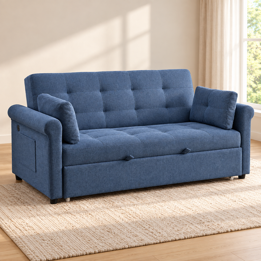 Slate Blue Tufted Sofa Bed with USB-C Charging & Side Storage – 64 or 70 Inch — IF-9047 lifestyle sofa, 64 Inch