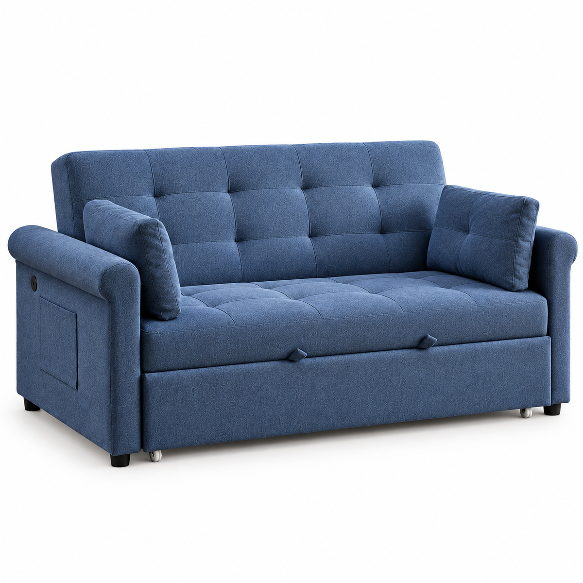 Slate Blue Tufted Sofa Bed with USB-C Charging & Side Storage – 64 or 70 Inch — IF-9048 clean white product image