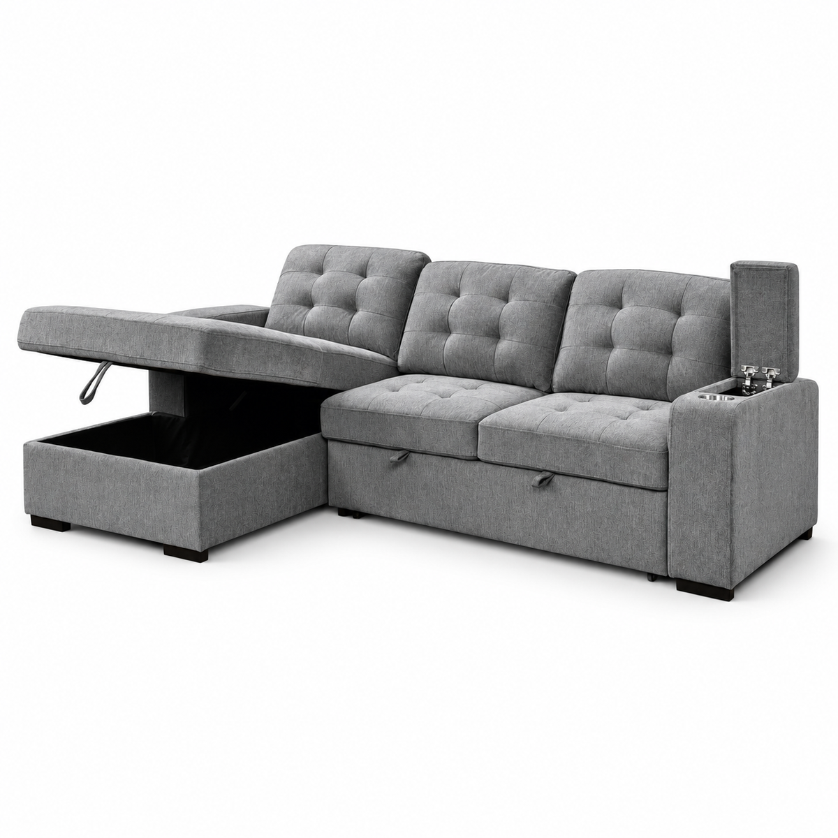Grey Fabric Sleeper Sectional Sofa Bed with Storage Arms & Cupholders — IF-9050 IFDC feature or fabric detail