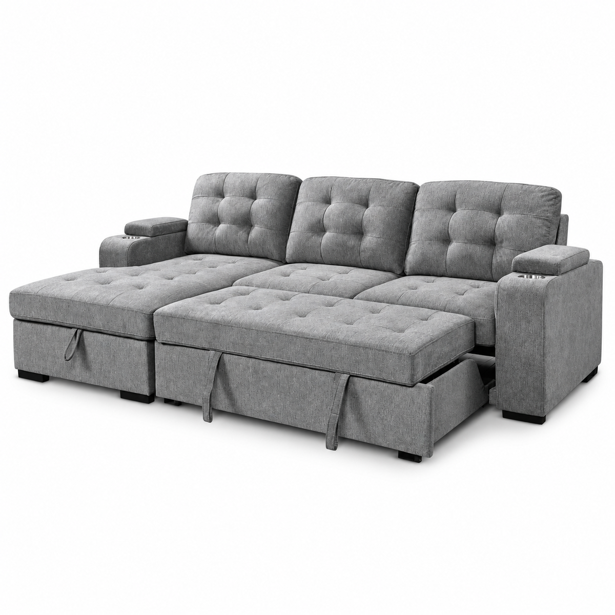Grey Fabric Sleeper Sectional Sofa Bed with Storage Arms & Cupholders — IF-9050 IFDC feature or fabric detail