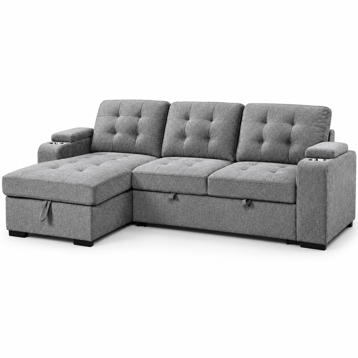 Grey Fabric Sleeper Sectional Sofa Bed with Storage Arms & Cupholders — IF-9050 clean white product image