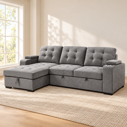 Grey Fabric Sleeper Sectional Sofa Bed with Storage Arms & Cupholders — IF-9050 lifestyle sofa, Left-Hand Facing