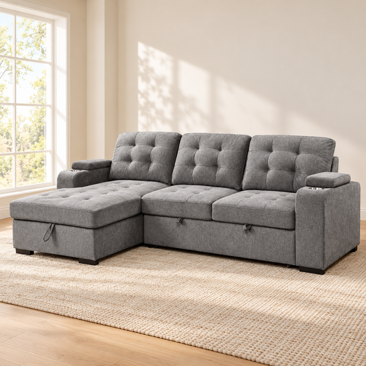 Grey Fabric Sleeper Sectional Sofa Bed with Storage Arms & Cupholders — IF-9050 lifestyle sofa, Left-Hand Facing