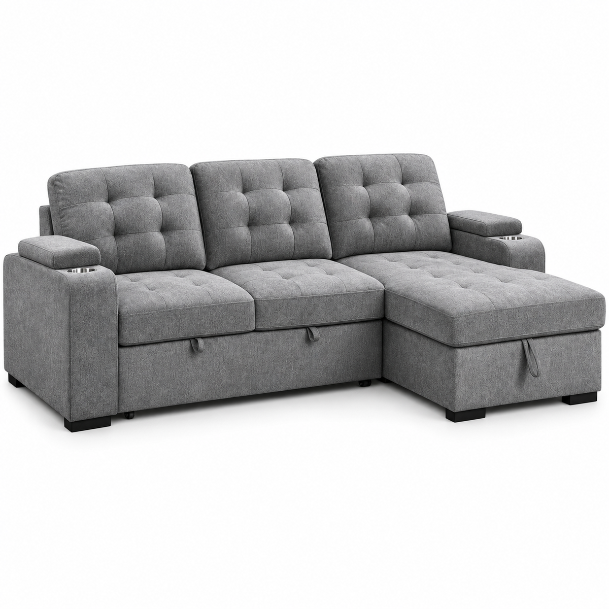 Grey Fabric Sleeper Sectional Sofa Bed with Storage Arms & Cupholders — IF-9051 clean white product image