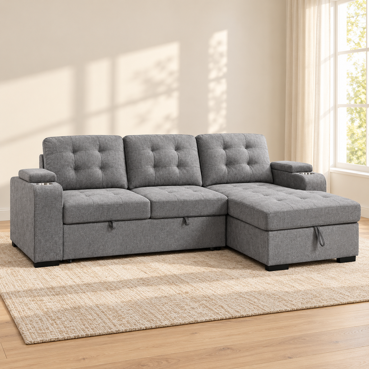 Grey Fabric Sleeper Sectional Sofa Bed with Storage Arms & Cupholders — IF-9051 lifestyle sofa, Right-Hand Facing
