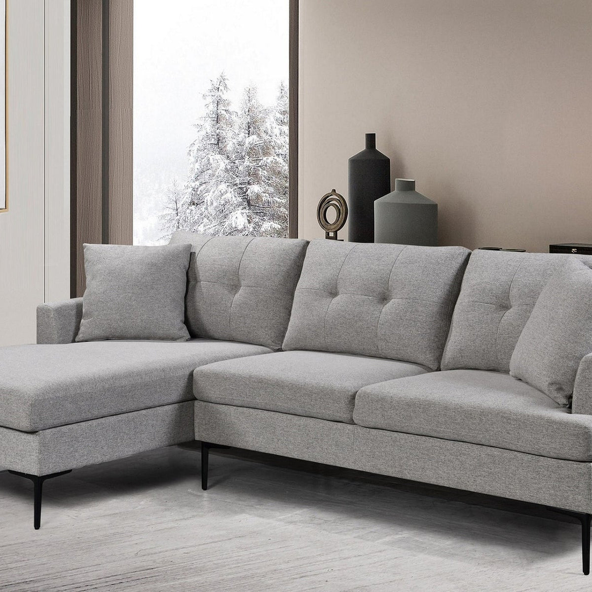 Grey Fabric Sectional Sofa with Storage & Button-Tufted Cushions