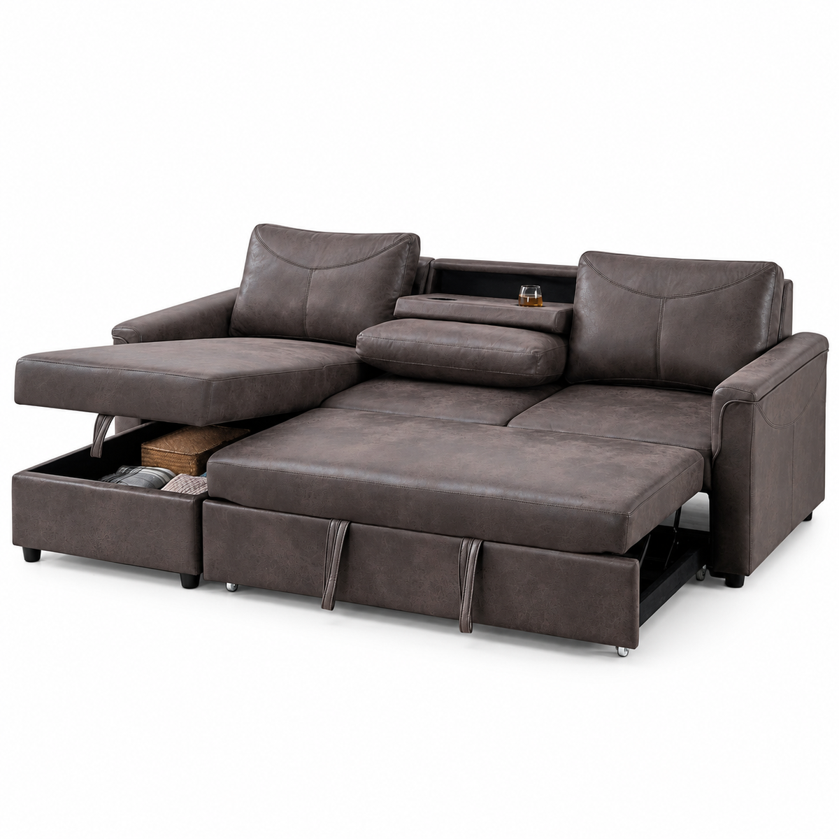 Brown Fabric Sleeper Sectional Sofa Bed with Storage, USB-C & Cupholders — IF-9075 IFDC feature or fabric detail