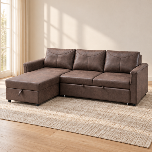 Brown Fabric Sleeper Sectional Sofa Bed with Storage, USB-C & Cupholders — IF-9075 lifestyle sofa, Left-Hand Facing
