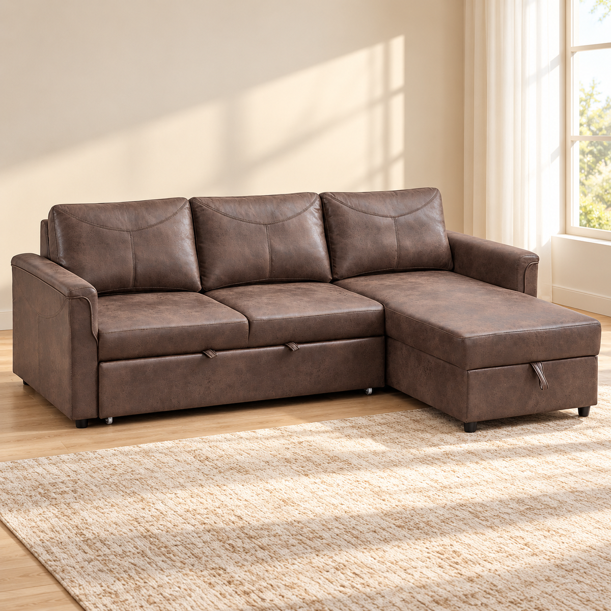 Brown Fabric Sleeper Sectional Sofa Bed with Storage, USB-C & Cupholders — IF-9076 lifestyle sofa, Right-Hand Facing