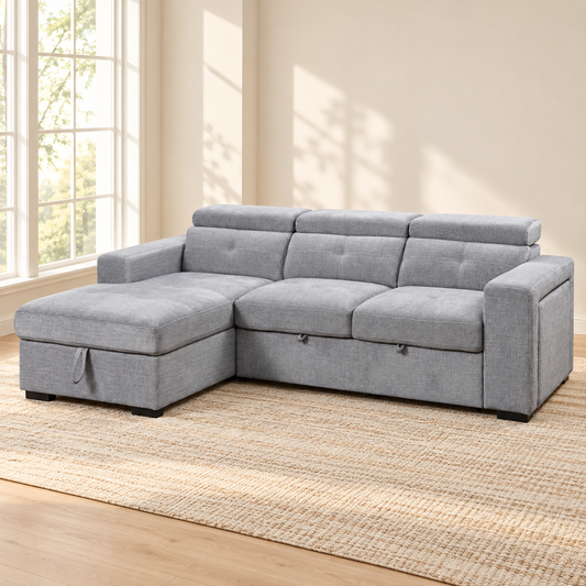Grey Fabric Sleeper Sectional Sofa Bed with Adjustable Headrests, Storage & Charging — IF-9080 lifestyle sofa, Left-Hand Facing