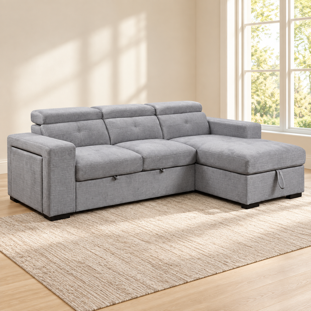 Grey Fabric Sleeper Sectional Sofa Bed with Adjustable Headrests, Storage & Charging — IF-9081 lifestyle sofa, Right-Hand Facing