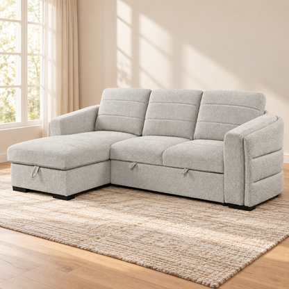 Light Grey Bouclé Sleeper Sectional Sofa Bed with Storage — IF-9085 lifestyle sofa, Left-Hand Facing
