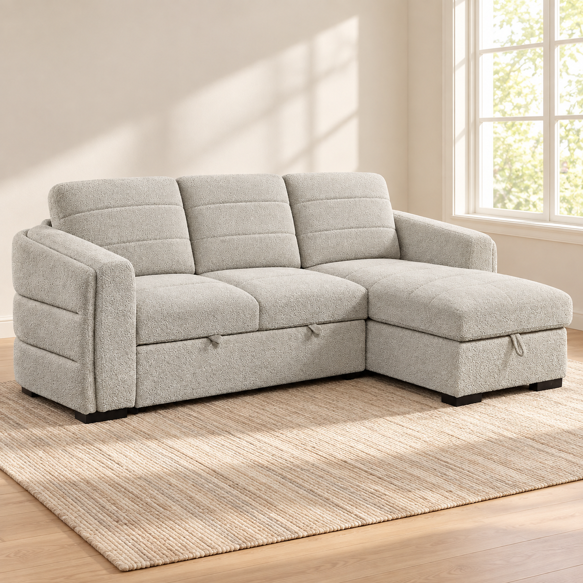 Light Grey Bouclé Sleeper Sectional Sofa Bed with Storage — IF-9086 lifestyle sofa, Right-Hand Facing