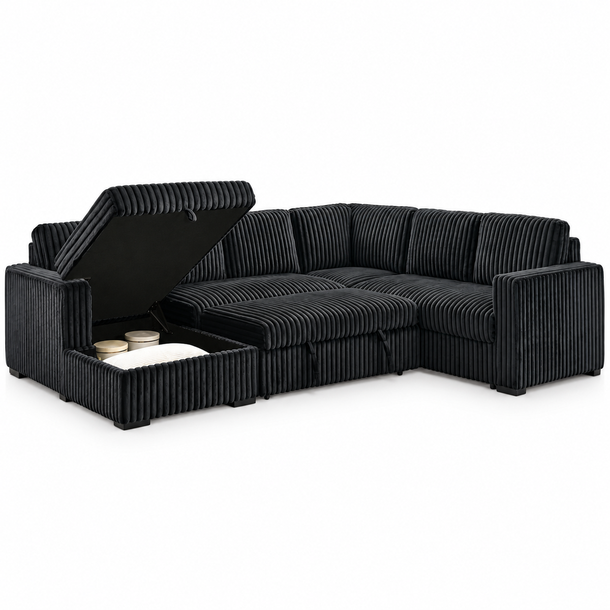 Black Corduroy Left-Facing Sleeper Sectional Sofa Bed with Storage & USB — IF-9095 IFDC feature or fabric detail