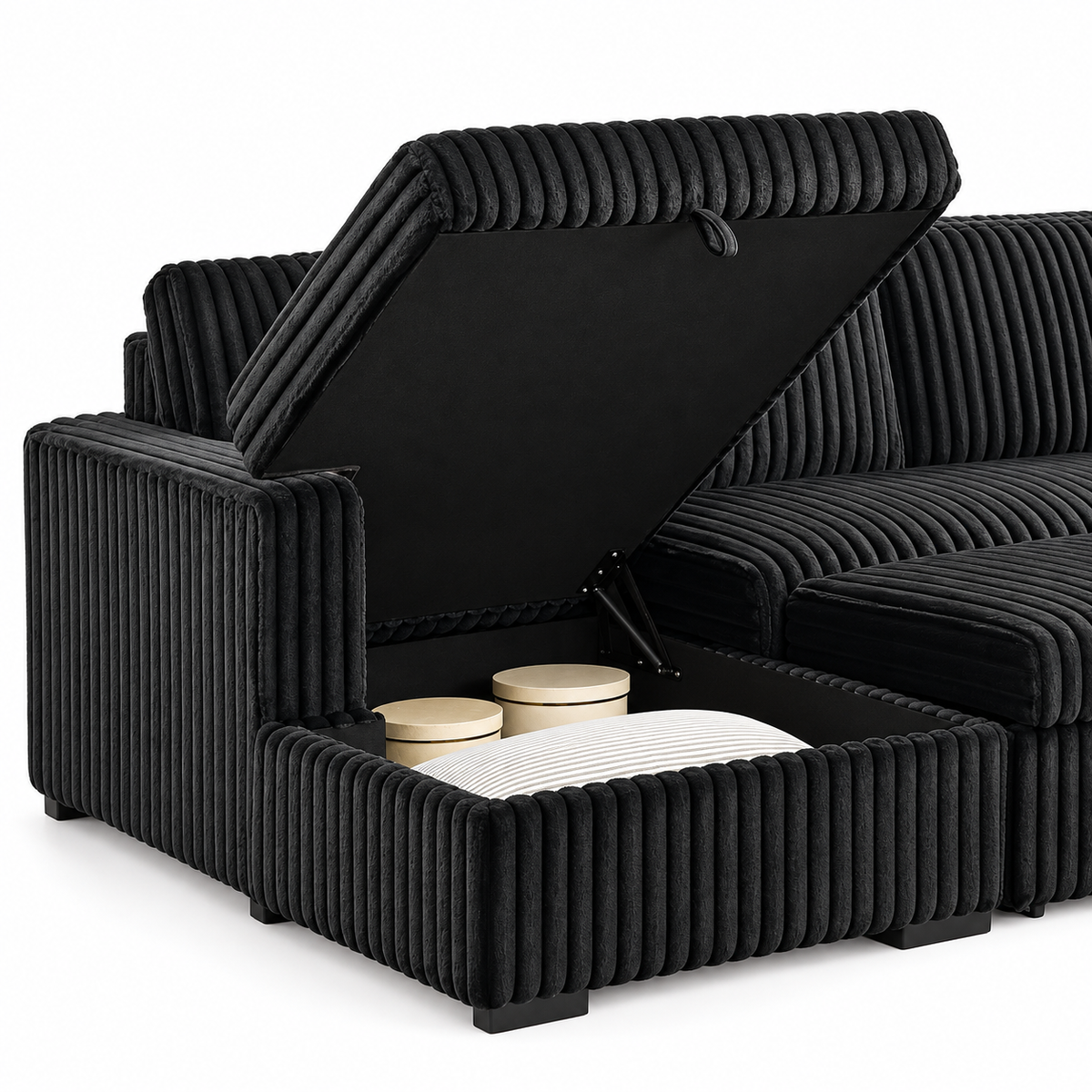 Black Corduroy Left-Facing Sleeper Sectional Sofa Bed with Storage & USB — IF-9095 IFDC feature or fabric detail