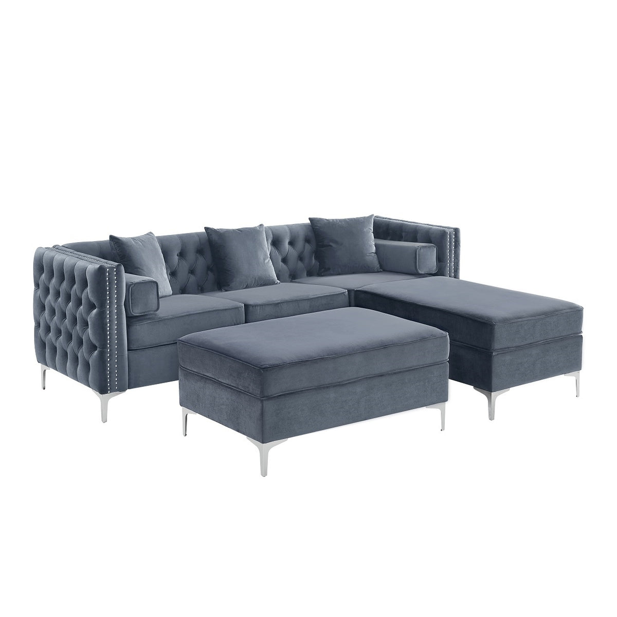 Grey Tufted Velvet Reversible Sectional Sofa