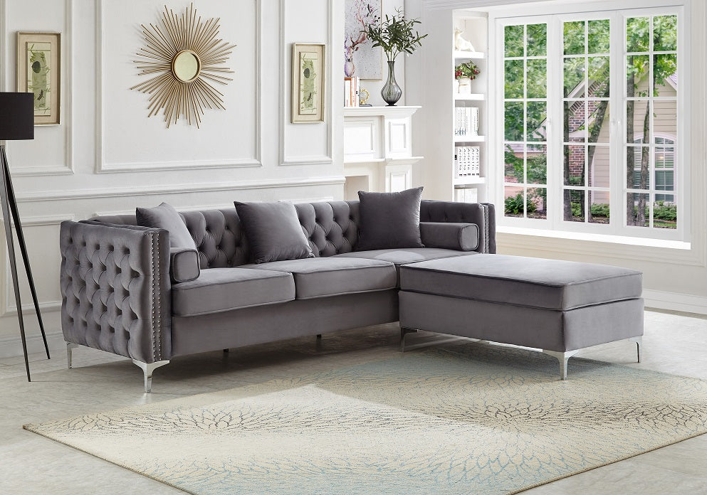 Grey Tufted Velvet Reversible Sectional Sofa