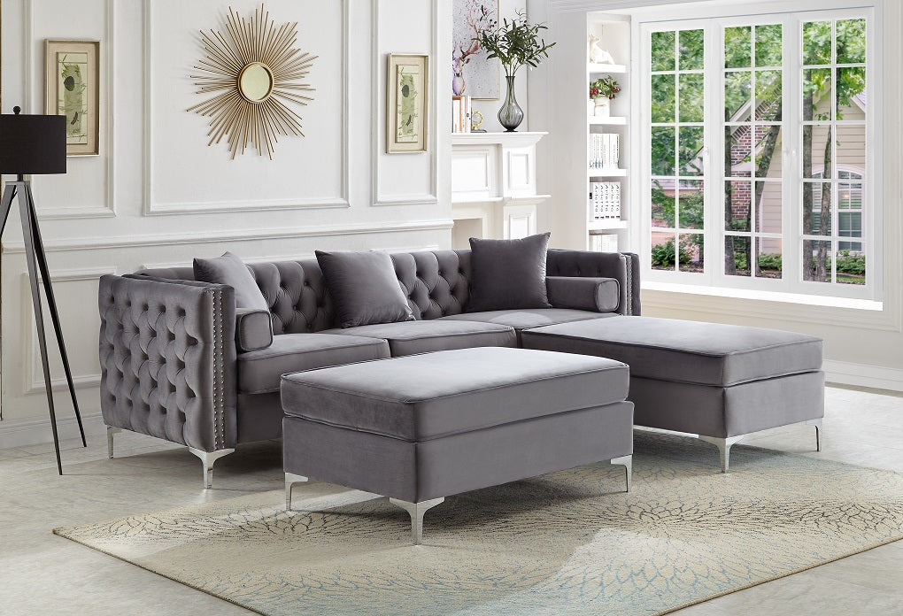 Grey Tufted Velvet Reversible Sectional Sofa