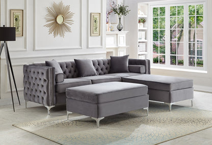 Grey Tufted Velvet Reversible Sectional Sofa