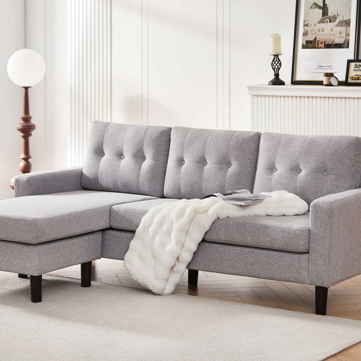 Grey Woven Fabric Reversible Sectional Sofa with Button Tufting