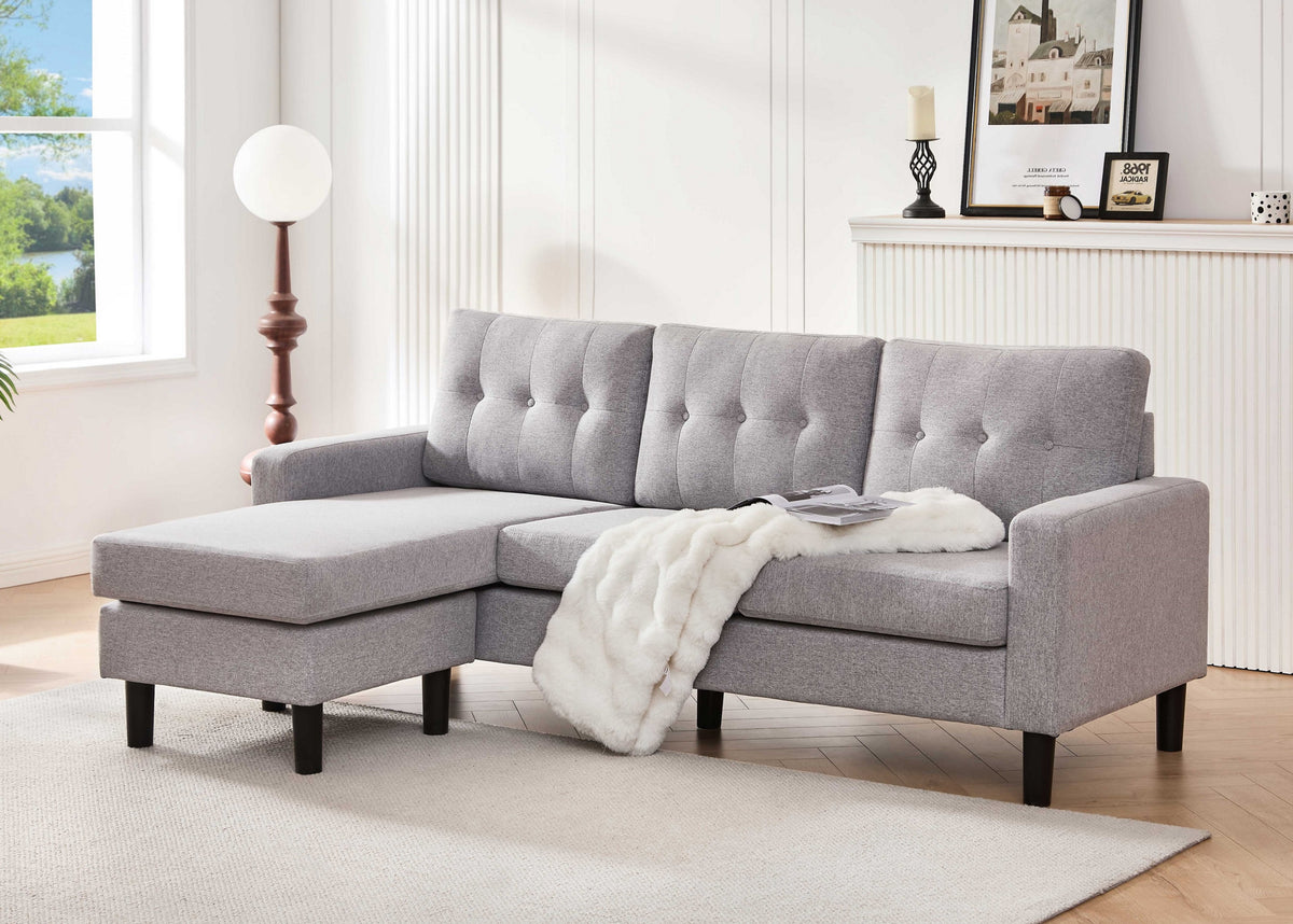 Grey Woven Fabric Reversible Sectional Sofa with Button Tufting – product image 1