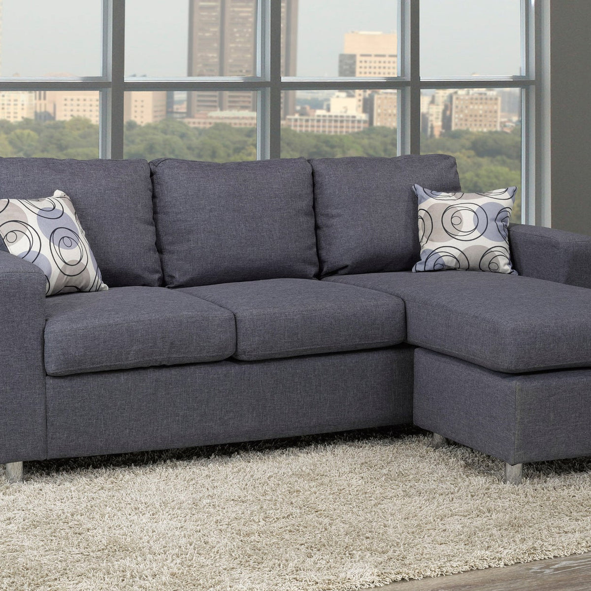 Grey Fabric Reversible Sectional Sofa with Chrome Legs