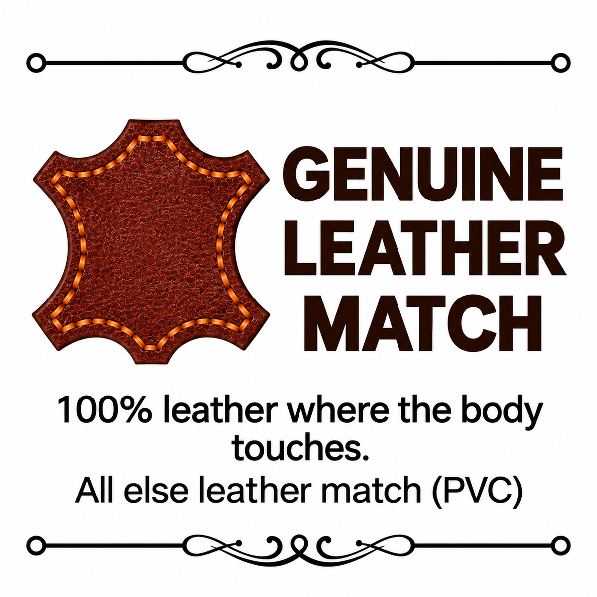 IFDC Genuine Leather Match label — 100% leather where the body touches; all else leather match (PVC).