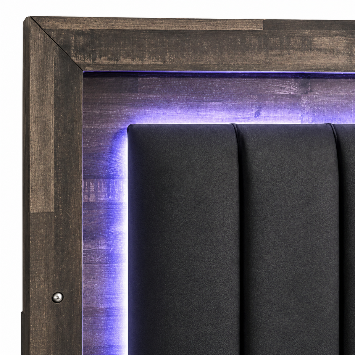Athens Driftwood Brown LED Farmhouse Bed with Black Velvet Headboard — supplier bed detail 2