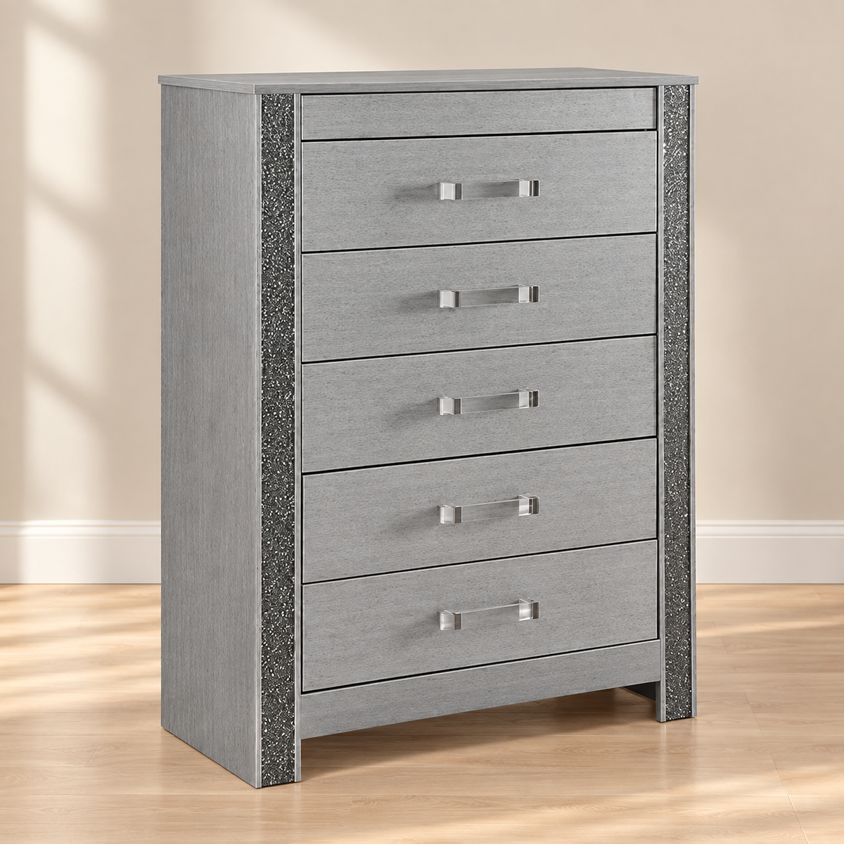 Logan Collection Silver Glam 5-Drawer Chest with Hidden Jewelry Drawer