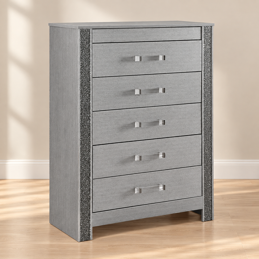 Logan Collection Silver Glam 5-Drawer Chest with Hidden Jewelry Drawer