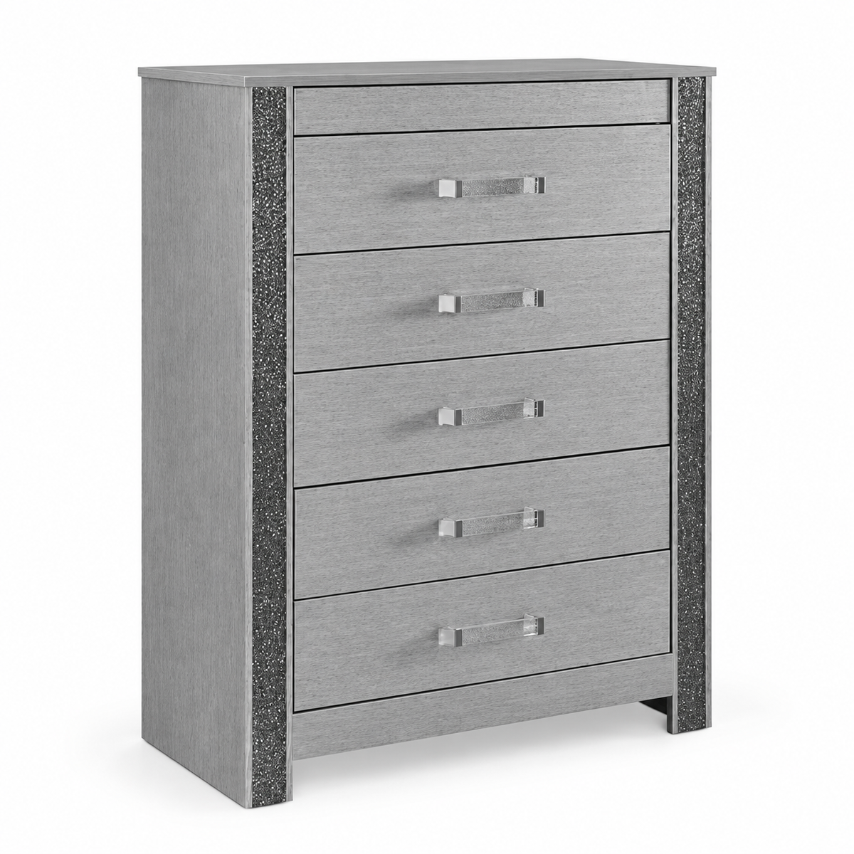 Logan Collection Silver Glam 5-Drawer Chest with Hidden Jewelry Drawer