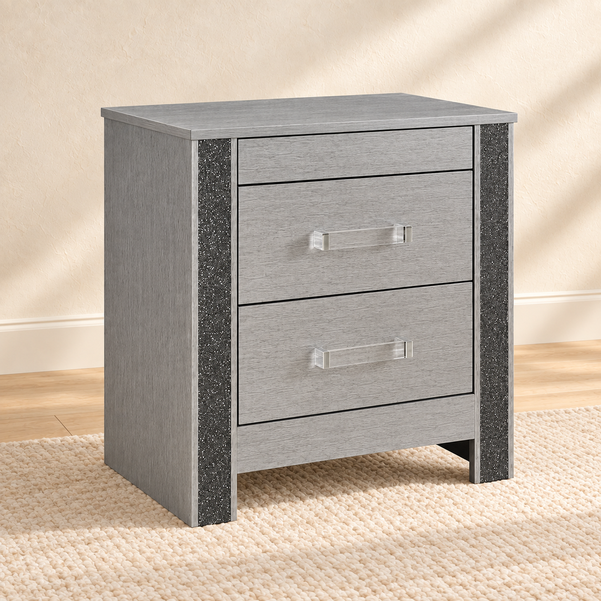 Logan Collection Silver Glam Nightstand with Hidden Jewelry Drawer