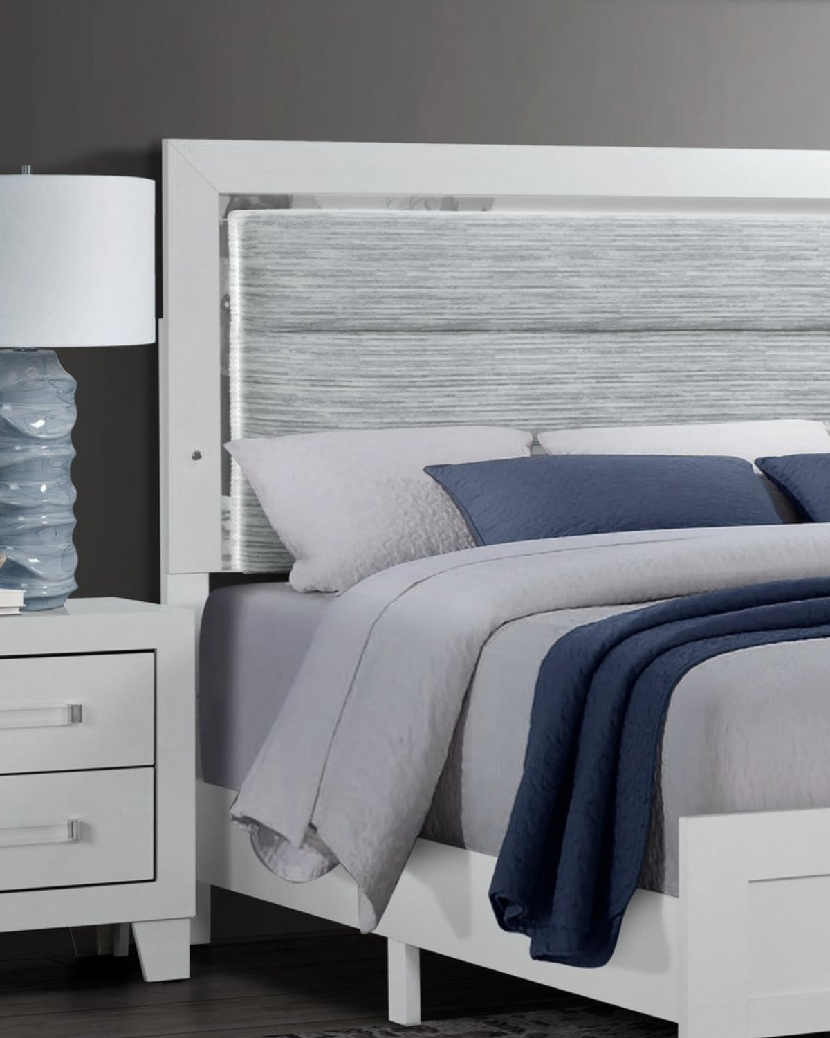 Luccia Collection Modern White LED Complete Bedroom Set with Grey Upholstered Headboard