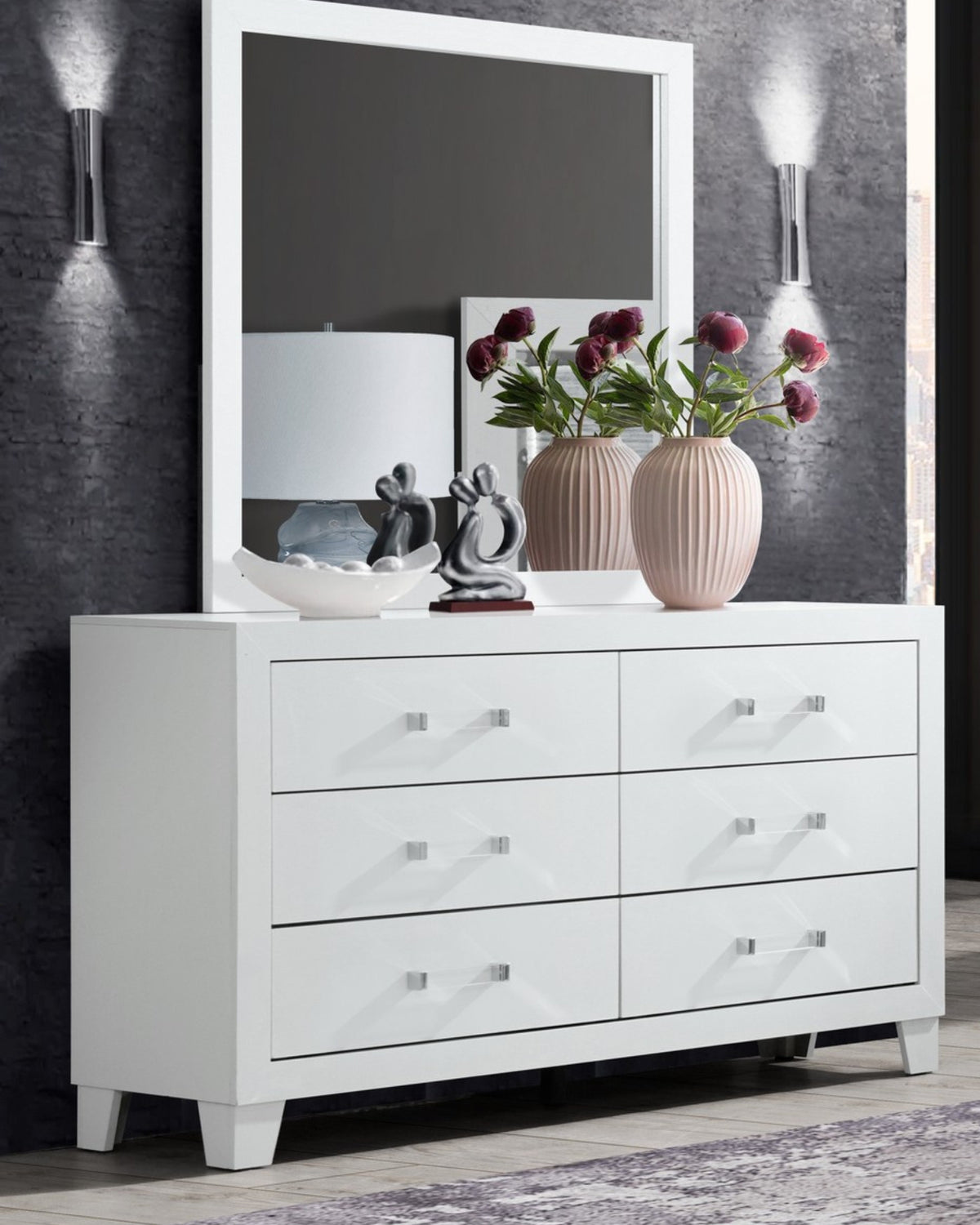 Luccia Collection Modern White LED Complete Bedroom Set with Grey Upholstered Headboard