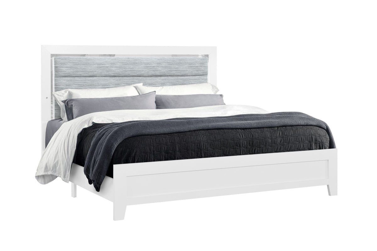 Luccia Collection Modern White LED Complete Bedroom Set with Grey Upholstered Headboard