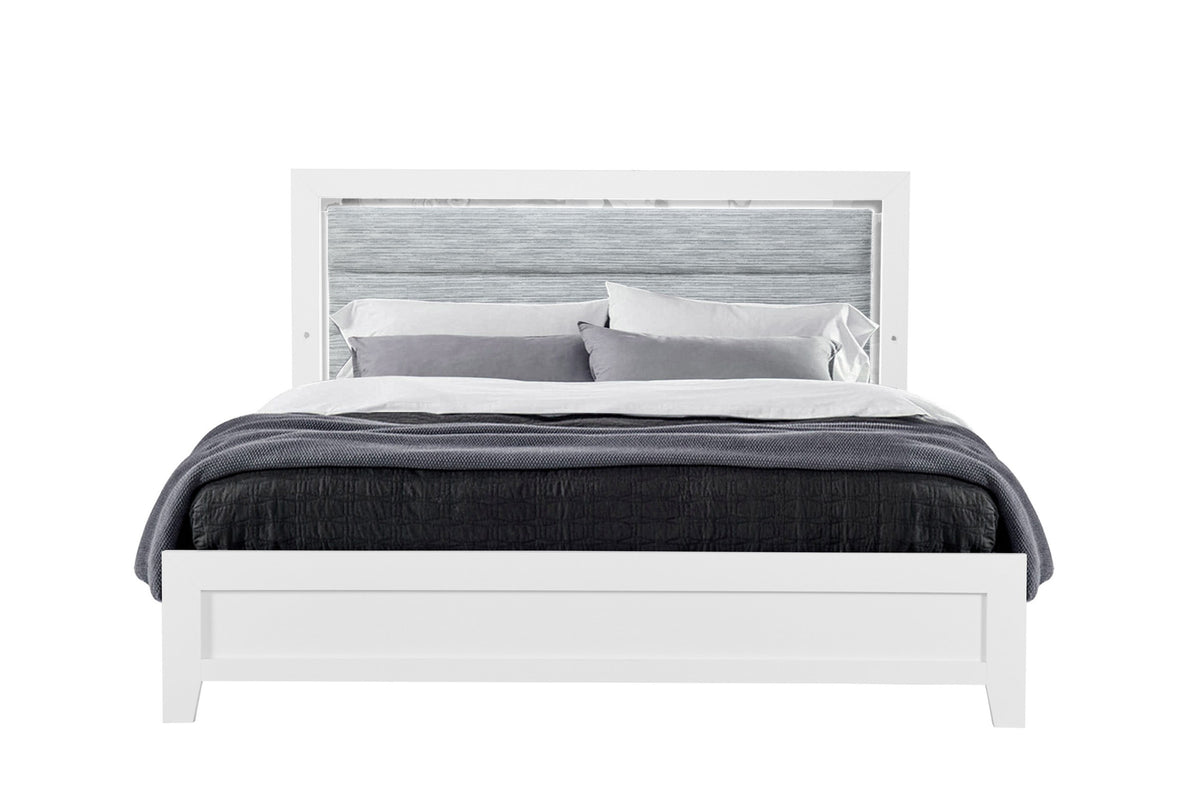 Luccia Collection Modern White LED Complete Bedroom Set with Grey Upholstered Headboard