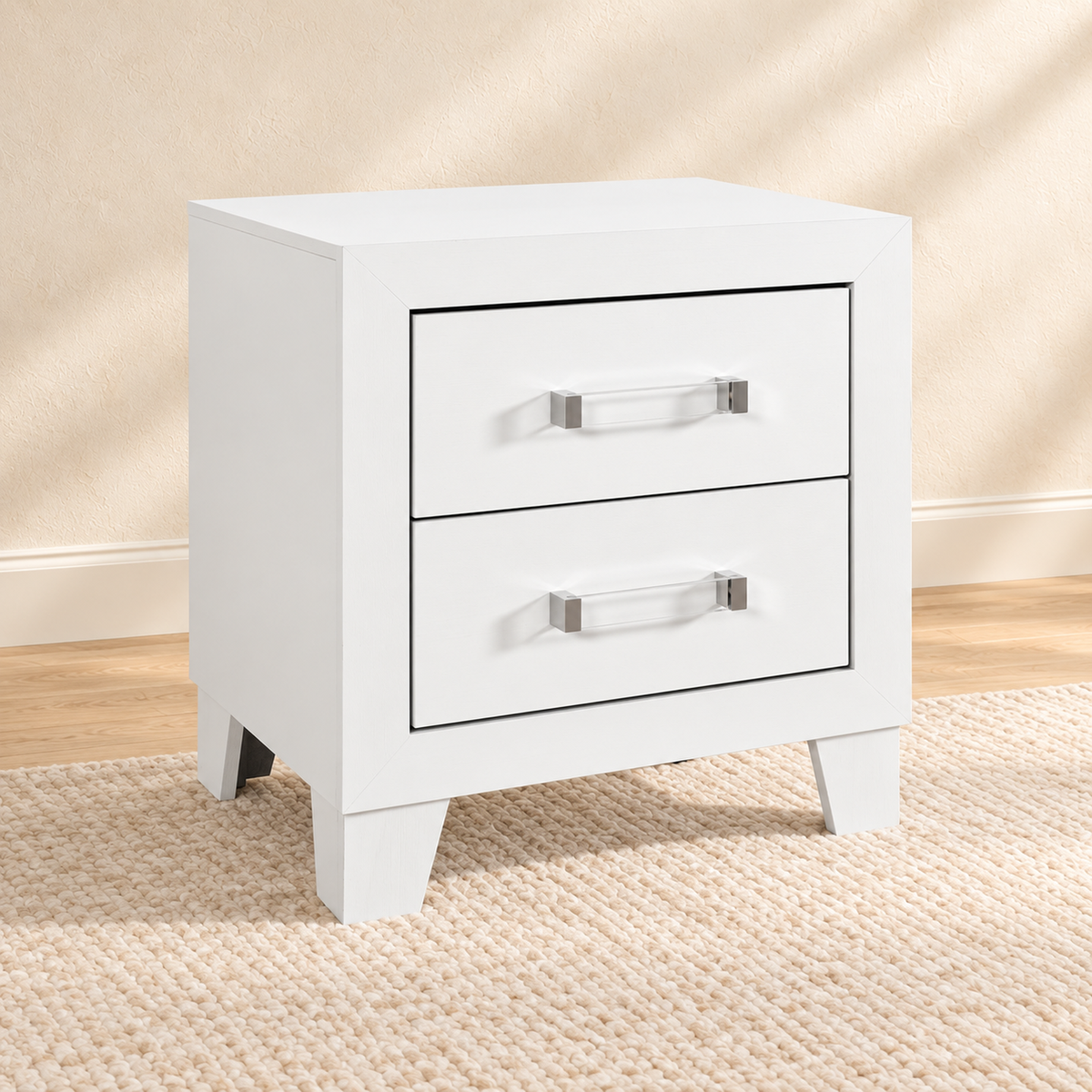 Luccia Collection Modern White Nightstand with Acrylic Hardware