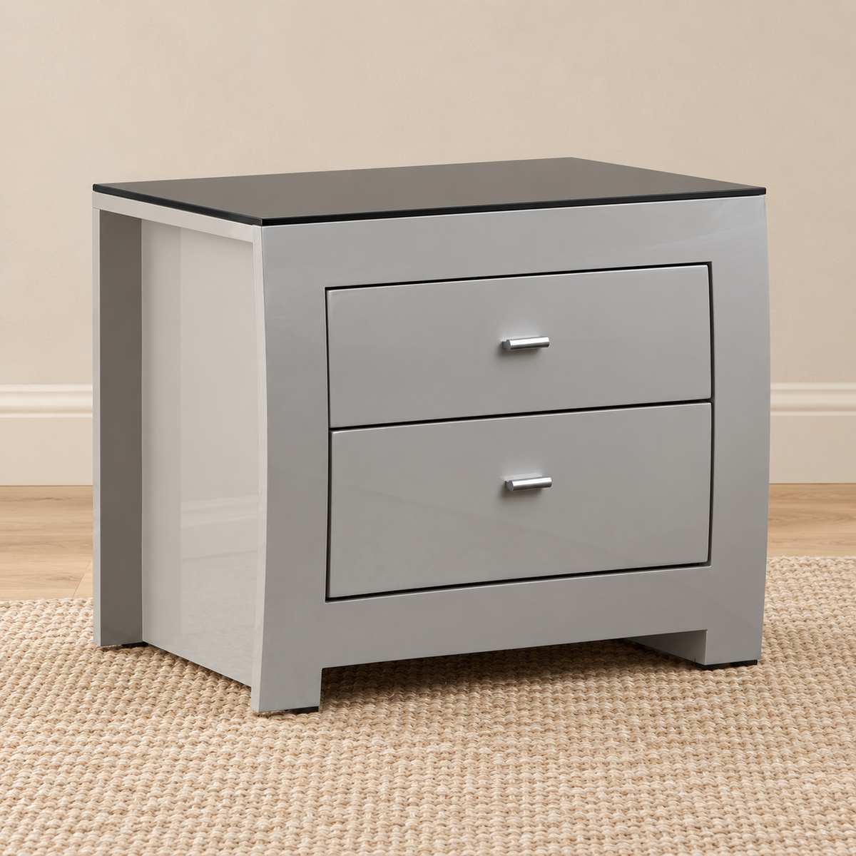 New York Collection Dove Grey High-Gloss Nightstand with Black Glass Top
